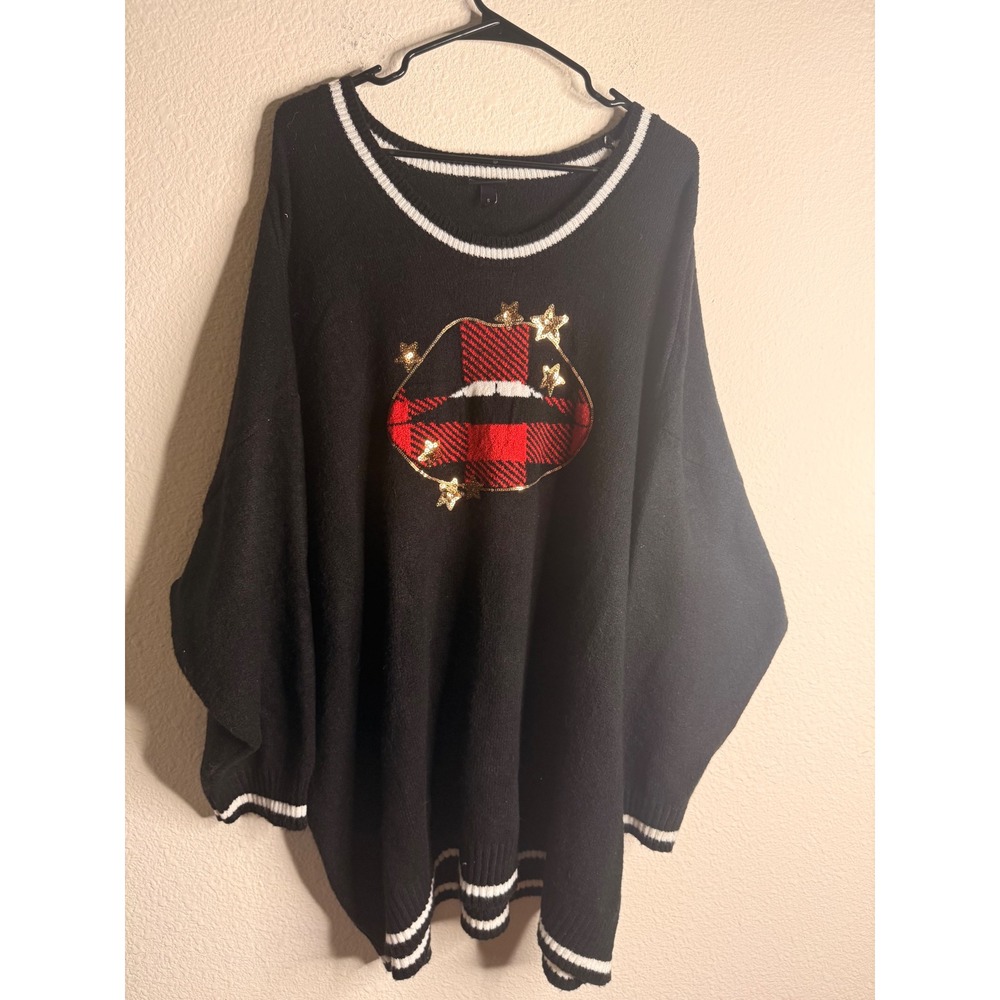 Torrid Plaid Lip Sequin Lips Sweater Women Plus Size 5 Black Festive Winter Fall